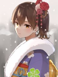 Rule 34 | 1girl, bou (wataame), breath, brown eyes, brown hair, closed mouth, floral print, flower, fur collar, hair flower, hair ornament, highres, japanese clothes, kaga (kancolle), kantai collection, kimono, obi, ponytail, red flower, red rose, rose, sash, side ponytail, snowing, solo, upper body