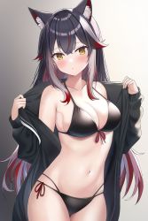 Rule 34 | 1girl, ai-assisted, animal ear fluff, animal ears, arknights, bad id, bad pixiv id, bikini, black bikini, black hair, black jacket, blush, breasts, cleavage, closed mouth, collarbone, fanteam, front-tie bikini top, front-tie top, halterneck, highres, jacket, large breasts, long hair, long sleeves, looking at viewer, multicolored hair, navel, red hair, side-tie bikini bottom, sidelocks, solo, stomach, streaked hair, swimsuit, texas (arknights), thighs, two-tone hair, undressing, wolf ears, wolf girl, yellow eyes