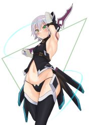 Rule 34 | 1girl, absurdres, armpits, arms up, bandaged arm, bandages, bare shoulders, black panties, black thighhighs, black vest, boots, breasts, cropped vest, dual wielding, facial scar, fate/apocrypha, fate/grand order, fate (series), green eyes, hair between eyes, highres, holding, holding knife, jack the ripper (fate/apocrypha), knife, looking at viewer, navel, panties, scar, scar across eye, scar on cheek, scar on face, short hair, shoulder tattoo, small breasts, solo, tattoo, thigh boots, thighhighs, underwear, vest, white hair