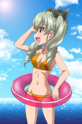 Rule 34 | 10s, 1girl, anchovy (girls und panzer), artist request, beach, bikini, blush, breasts, curvy, drill hair, female focus, girls und panzer, green hair, hair ribbon, innertube, long hair, lsky, open mouth, outdoors, red eyes, ribbon, shiny skin, smile, solo, standing, swim ring, swimsuit, twintails