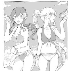 Rule 34 | 2girls, bikini, breasts, cleavage, commentary request, cowboy shot, flower, food, gotland (kancolle), greyscale, hair flower, hair ornament, kantai collection, kitamura hato, leaning forward, long hair, medium breasts, mole, mole under eye, monochrome, multiple girls, open mouth, ponytail, profile, sarong, sidelocks, standing, swimsuit, very long hair, yura (kancolle)