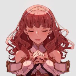 Rule 34 | 1girl, bare shoulders, celica (fire emblem), detached collar, earrings, closed eyes, fire emblem, fire emblem echoes: shadows of valentia, grey background, hairband, own hands clasped, jewelry, long hair, nintendo, open mouth, own hands together, pikapika hoppe, praying, red hair, simple background, solo, upper body