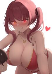 Rule 34 | 1boy, 1girl, absurdres, blush, breasts, cleavage, hair ornament, hairclip, hashira 14, heart, heterochromia, highres, hololive, houshou marine, houshou marine (summer), imminent rape, jewelry, large breasts, necklace, red eyes, red hair, swimsuit, tongue, tongue out, twintails, virtual youtuber, yellow eyes