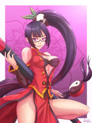 Rule 34 | 1girl, artist name, bare shoulders, black hair, blazblue, blazblue: calamity trigger, bra, breasts, china dress, chinese clothes, cleavage, cowboy shot, dress, fighting stance, flower, glasses, hair ornament, holding, holding weapon, lao jiu, large breasts, leg up, leoribeiro, litchi faye ling, long hair, long sleeves, looking at viewer, low-tied long hair, open clothes, parted lips, pink eyes, ponytail, semi-rimless eyewear, side ponytail, smile, solo, staff, standing, underwear, very long hair, weapon