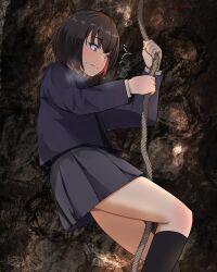 Rule 34 | 1girl, ^^^, artist name, black hair, black skirt, black socks, blue jacket, blush, bob cut, breath, cave, climbing, closed mouth, colored inner hair, commission, constricted pupils, female focus, from side, hands up, have to pee, highres, holding, holding rope, jacket, kneehighs, long sleeves, michinoku (michino934), miniskirt, multicolored hair, nervous, original, pleated skirt, purple eyes, raised eyebrow, red hair, rope, school uniform, shirt, short hair, sidelocks, signature, skeb commission, skirt, socks, solo, split mouth, surprised, sweat, textless version, thighs, twitter username, two-tone hair, wavy mouth, white shirt