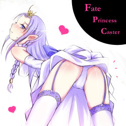 Rule 34 | 1girl, artoria pendragon (all), artoria pendragon (fate), ass, bdsm, bent over, blush, bondage, bound, braid, dress, elf, fate/stay night, fate (series), funakura, garter straps, heart, long hair, looking back, medea (fate), official alternate costume, panties, pointy ears, purple eyes, purple hair, saber (fate), solo, thighhighs, underwear, white dress, white panties, white thighhighs