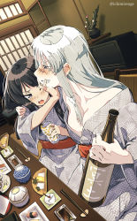 Rule 34 | 2girls, age difference, anime coloring, black hair, blush, bottle, breasts, chopsticks, cleavage, collarbone, drunk, food, grin, holding, holding bottle, ichimi renge, japanese clothes, long hair, looking at another, multiple girls, off shoulder, one eye closed, open mouth, original, ryokan, sake bottle, smile, white hair, wide sleeves, yuri
