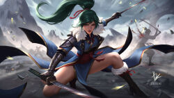 Rule 34 | alternate costume, armor, blood, boots, fei hai, fire emblem, fire emblem: the blazing blade, fur collar, gauntlets, green hair, high heels, highres, holding, holding weapon, long hair, lyn (fire emblem), nintendo, official alternate costume, on one knee, pelvic curtain, ponytail, shoulder armor, sword, thighs, weapon