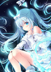 Rule 34 | 1girl, bare shoulders, blue eyes, blue hair, blush, capelet, commentary request, criss-cross halter, demon horns, demon tail, dress, feet out of frame, floating hair, gochuumon wa usagi desu ka?, hair between eyes, hair ornament, halterneck, hand up, highres, horns, kafuu chino, knees up, kouda suzu, long hair, long sleeves, pleated dress, sleeves past wrists, solo, tail, twintails, very long hair, white capelet, white dress, white footwear, x hair ornament