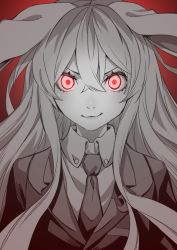 Rule 34 | 1girl, animal ears, blazer, crescent, crescent pin, glowing, glowing eyes, hair between eyes, highres, jacket, kamabokopic, limited palette, long hair, looking at viewer, monochrome, necktie, one-hour drawing challenge, rabbit ears, red background, reisen udongein inaba, shirt, smirk, solo, spot color, touhou, upper body, white shirt