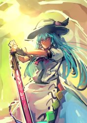 Rule 34 | 1girl, blue hair, food, fruit, glaring, gloves, hat, highres, hinanawi tenshi, holding, jpeg artifacts, long hair, looking at viewer, melon22, outstretched arms, peach, planted sword, planted, puffy short sleeves, puffy sleeves, red eyes, serious, short sleeves, skirt, solo, sunlight, sword, sword of hisou, touhou, upper body, weapon, yellow background