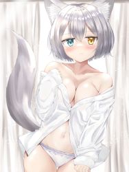 Rule 34 | 1girl, animal ear fluff, animal ears, ashitaba kemo, backlighting, blue eyes, blush, breasts, cleavage, closed mouth, collared shirt, commentary request, curtains, dress shirt, grey hair, groin, hair between eyes, heterochromia, highres, long sleeves, looking at viewer, medium breasts, navel, no bra, off shoulder, open clothes, open shirt, panties, shirt, sleeves past wrists, solo, sunlight, tail, thigh gap, underwear, white panties, white shirt, window, yellow eyes