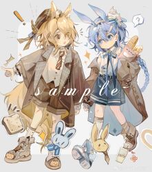 Rule 34 | !, 2girls, ?, ^^^, absurdres, animal ear fluff, animal ears, ankle socks, asymmetrical footwear, asymmetrical legwear, bag, baguette, bandaid, bandaid on leg, belt, belt buckle, beret, blonde hair, blue belt, blue bow, blue eyes, blue footwear, blue ribbon, blue shorts, boots, bottle, bow, braid, bread, bread slice, brown coat, brown footwear, brown hat, brown necktie, brown shorts, brown socks, buckle, buttons, child, chinese commentary, closed mouth, coat, collared shirt, commentary request, cross-laced footwear, eyelashes, eyes visible through hair, flower, food, full body, grey background, hair bow, hair ornament, hair over one eye, hairband, hairclip, hat, heart, highres, holding, holding bag, kneehighs, knees, lanying tiandian shoumai chu, light blush, light frown, long hair, looking at another, milk, mismatched footwear, mismatched legwear, multiple girls, neck ribbon, necktie, open clothes, open coat, open mouth, orange eyes, original, paper bag, pink flower, plaid collar, pointing, pointing forward, rabbit ears, red ribbon, ribbon, rosary, sample watermark, shirt, shorts, simple background, single braid, single kneehigh, single sock, sleeveless, sleeveless shirt, sleeves past wrists, socks, sparkle, spoken question mark, striped clothes, striped necktie, striped socks, teeth, toast, two-sided coat, two-sided fabric, two-tone background, two-tone socks, upper teeth only, very long hair, walking, watermark, weibo logo, weibo watermark, white background, white coat, white hairband, white shirt, white socks, x hair ornament, yellow coat