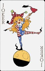 Rule 34 | 1girl, american flag dress, american flag legwear, blonde hair, blush stickers, card, clownpiece, dress, fangs, fire, grey background, hat, head tilt, highres, holding, jester cap, joker (playing card), long hair, looking at viewer, moon, neck ruff, no wings, open mouth, outstretched arms, pantyhose, playing card, polka dot, ranka (tonbo), red eyes, red hat, short sleeves, simple background, smile, solo, standing, standing on one leg, star (symbol), star print, striped, torch, touhou, very long hair