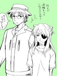 Rule 34 | 1boy, 1girl, aida kensuke, beard, breasts, evangelion: 3.0+1.0 thrice upon a time, eyepatch, facial hair, glasses, grin, hair between eyes, hair ornament, hairclip, hat, height difference, long hair, looking at another, neon genesis evangelion, rebuild of evangelion, small breasts, smile, souryuu asuka langley, speech bubble, standing, talking, translation request