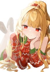 Rule 34 | 1girl, absurdres, blonde hair, closed mouth, copyright request, head rest, highres, long hair, long sleeves, looking at viewer, lumeru 33, lying, on stomach, ponytail, red eyes, red sweater, shoes, slit pupils, smile, solo, sweater, the pose