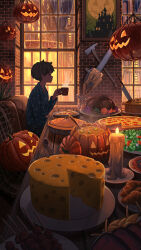 Rule 34 | 1boy, absurdres, axe, candle, chainsaw, cheese, croissant, cup, drawing (object), food, fruit, grapes, halloween, highres, holding, holding cup, jack-o&#039;-lantern, knife, male focus, mug, night, orange (fruit), original, pajamas, pasoputi, pie, pizza, pumpkin, pumpkin soup, salad, short hair, sitting, spoon, table, turkey (food), window