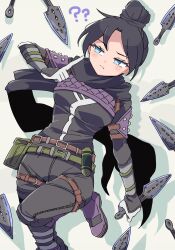Rule 34 | 1girl, ?, ??, animification, apex legends, black bodysuit, black hair, black scarf, blue eyes, blush, bodysuit, boots, breasts, drop shadow, frown, gloves, grey background, grey gloves, hair bun, highres, holding, holding knife, knife, kunai, looking to the side, medium breasts, no pupils, nojima minami, parted bangs, pointing, pointing up, purple footwear, scarf, single hair bun, solo, thigh strap, weapon, wraith&#039;s kunai, wraith (apex legends)