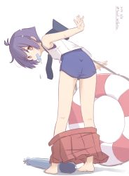 Rule 34 | 1girl, barefoot, black sailor collar, commentary request, food, from behind, fujisaki yuu, kantai collection, leaning forward, lifebuoy, looking at viewer, looking back, mouth hold, one-hour drawing challenge, popsicle, purple eyes, purple hair, red skirt, sailor collar, sakawa (kancolle), school swimsuit, school uniform, serafuku, short hair, si, skirt, sleeveless, solo, swim ring, swimsuit, swimsuit under clothes, undressing, unworn skirt, white background