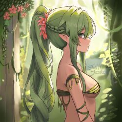 Rule 34 | 1girl, breasts, brown eyes, day, dryad, dryad (terraria), elythdoodlz, from side, green hair, highres, jungle, leaf clothing, long hair, medium breasts, nature, outdoors, pointy ears, ponytail, sideboob, sidelocks, solo, terraria, upper body, very long hair