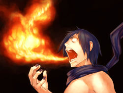 Rule 34 | 1boy, blue hair, breath, breath weapon, breathing fire, face, fire, hanji (hansi), kaito (vocaloid), male focus, nude, scarf, simple background, solo, vocaloid, white eyes