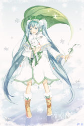 Rule 34 | 1girl, absurdres, ahoge, aqua eyes, aqua hair, artist name, bad id, bad pixiv id, boots, brown footwear, capelet, character name, flower, fur boots, giant leaf, hatsune miku, headset, highres, ice, leaf umbrella, lily of the valley, long hair, open mouth, rabbit, snow, snow boots, snowdrop (flower), snowflake print, snowflakes, solo, twintails, very long hair, vocaloid, yuki miku, yukine (vocaloid)