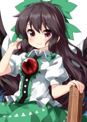 Rule 34 | 1girl, bird wings, black hair, black wings, blouse, brown eyes, buttons, cape, center frills, closed mouth, collared shirt, control rod, feathered wings, frills, green ribbon, green skirt, hair ribbon, hand in own hair, highres, long hair, looking at viewer, puffy short sleeves, puffy sleeves, red eyes, reiuji utsuho, ribbon, ruu (tksymkw), shirt, short sleeves, simple background, skirt, smile, solo, standing, starry sky print, third eye, touhou, white background, white cape, white shirt, wings