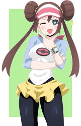 Rule 34 | + +, 1girl, ;d, arm under breasts, black pantyhose, blue shirt, blue sleeves, blush, bow, breasts, brown hair, cowboy shot, creatures (company), double bun, fingernails, game freak, green background, grey eyes, hair bun, hair tie, halterneck, hand on own arm, hat, highres, kani club, long hair, looking at viewer, medium breasts, nintendo, one eye closed, open mouth, outline, pantyhose, pantyhose under shorts, pink bow, pink hat, poke ball print, pokemon, pokemon bw2, pokemon masters ex, poketch, print shirt, raglan sleeves, rosa (pokemon), shirt, short shorts, shorts, sleeves past elbows, smile, solo, standing, star-shaped pupils, star (symbol), symbol-shaped pupils, thinking, twintails, two-tone background, visor cap, watch, white background, white hat, white outline, white shirt, wristwatch, yellow shorts