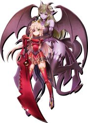 Rule 34 | 2girls, aldra (queen&#039;s blade), aldra (queen&#039;s blade unlimited), armor, armored dress, black sclera, boots, breasts, closed mouth, colored sclera, colored skin, crown, curled horns, delmore, demon girl, demon horns, demon tail, demon wings, elbow gloves, eyepatch, fang, full body, gauntlets, gloves, greaves, green eyes, high heels, highres, horns, large breasts, long hair, multiple girls, official art, platinum blonde hair, pointy ears, purple skin, queen&#039;s blade, queen&#039;s blade white triangle, red eyes, sidelocks, small breasts, smile, standing, sword, tachi-e, tail, thigh boots, thighhighs, transparent background, very long hair, weapon, wings