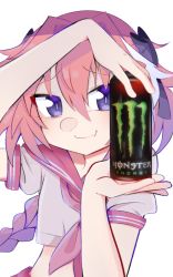 1boy, astolfo (fate), astolfo monster cosplay (meme), black bow, black ribbon, bow, braid, can, drink, duckkhouse, energy drink, fang, fate/apocrypha, fate/grand order, fate (series), hair intakes, highres, holding, holding can, long braid, long hair, looking at viewer, monster energy, multicolored hair, pink hair, product placement, purple eyes, red sailor collar, ribbon, sailor collar, school uniform, serafuku, single braid, skin fang, smile, streaked hair, trap, upper body, white hair