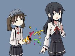 Rule 34 | 2girls, asashio (kancolle), black hair, blue background, blue eyes, brown hair, closed eyes, commentary, confetti, dress, english commentary, hair tie, kantai collection, magatama, multiple girls, open mouth, pantyhose, party popper, pinafore dress, pleated skirt, ryuujou (kancolle), sixten, skirt, sleeveless, sleeveless dress, smile, suspenders, visor cap