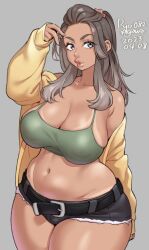 Rule 34 | 1girl, agawa ryou, belt, breasts, brown hair, cleavage, crop top, cutoffs, dark skin, grey eyes, large breasts, lips, long hair, looking at viewer, navel, plump, short shorts, shorts, solo, standing, tan, tanline, thick thighs, thighs, wide hips