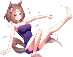 Rule 34 | 1girl, absurdres, animal ears, barefoot, breasts, brown eyes, brown hair, full body, grin, hair ornament, highres, horse ears, horse girl, horse tail, medium breasts, multicolored hair, nontraditional school swimsuit, school swimsuit, short hair, simple background, sitting, smile, solo, streaked hair, swimsuit, tail, tracen swimsuit, tsurumaru tsuyoshi (umamusume), two-tone hair, umamusume, white background, yamada auto