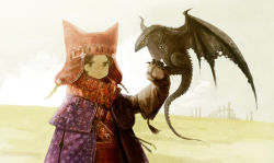 Rule 34 | androgynous, animal, animal hat, animal on hand, blunt bangs, brown eyes, brown hair, claws, cloak, cloud, cloudy sky, dragon, fantasy, field, gender request, gloves, grass, hat, long sleeves, looking at viewer, matajirou (matagiro), mini dragon, monster, original, outdoors, pillar, red scarf, ruins, scarf, sky, solo, spikes, tassel, upper body, wings, yellow eyes