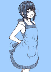 Rule 34 | 10s, 1girl, ;d, alternate costume, apron, bikini, blue background, blue theme, bow, commentary request, female focus, fubuki (kancolle), grin, heart, kantai collection, kouji (campus life), looking at viewer, low ponytail, md5 mismatch, monochrome, one eye closed, open mouth, ponytail, short ponytail, simple background, sketch, smile, solo, strap slip, swimsuit, tying apron