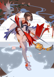 Rule 34 | 1girl, bare shoulders, bird, breasts, brown hair, commentary request, copyright request, cro (artist), dress, flower, highres, holding, holding sword, holding weapon, medium breasts, orange flower, shoes, short hair, smile, solo, sword, thighhighs, weapon, white dress, white footwear, white thighhighs