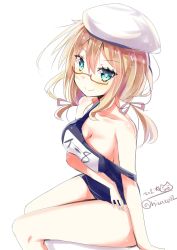 Rule 34 | 1girl, beret, blonde hair, blue eyes, blue one-piece swimsuit, breasts, glasses, hair between eyes, hat, highres, hizaka, i-8 (kancolle), kantai collection, large breasts, long hair, looking at viewer, one-hour drawing challenge, one-piece swimsuit, school swimsuit, simple background, sitting, solo, swimsuit, twitter username, white background