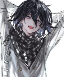 Rule 34 | 1boy, :d, arms behind head, black hair, buttons, chain, checkered clothes, checkered scarf, commentary request, danganronpa (series), danganronpa v3: killing harmony, double-breasted, hair between eyes, highres, long sleeves, looking at viewer, male focus, muuyiie, open mouth, oma kokichi, purple eyes, scarf, short hair, simple background, sketch, smile, solo, straitjacket, teeth, upper body, upper teeth only, white background