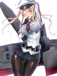 Rule 34 | 10s, 1girl, anchor choker, arm behind head, arm up, between breasts, black pantyhose, black skirt, blonde hair, blush, breasts, choker, cross, finger to mouth, graf zeppelin (kancolle), hair between eyes, hat, highres, iron cross, kantai collection, large breasts, machinery, miniskirt, necktie, necktie between breasts, pantyhose, parted lips, peaked cap, pleated skirt, pocket, purple eyes, short hair, sidelocks, simple background, skirt, smile, solo, standing, thigh gap, two side up, untue, white background