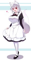 Rule 34 | 1girl, alternate costume, animal ears, black footwear, breasts, fang, full body, heart, highres, inubashiri momiji, large breasts, long sleeves, looking at viewer, maid, maid headdress, open mouth, pantyhose, red eyes, short eyebrows, short hair, sivamaron, smile, solo, standing, striped, striped background, tail, touhou, white hair, white pantyhose, wolf ears, wolf tail