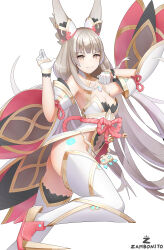 Rule 34 | 1girl, absurdres, animal ears, ass, bare shoulders, breasts, brown eyes, brown hair, cat ears, detached sleeves, gloves, highres, leotard, long hair, looking at viewer, medium breasts, nia (blade) (xenoblade), nia (xenoblade), smile, solo, thighhighs, thong, thong leotard, twintails, very long hair, xenoblade chronicles (series), xenoblade chronicles 2, zambonito