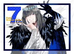 Rule 34 | 1boy, alternate hair color, anniversary, arthropod boy, text background, black hair, blue eyes, collared shirt, commentary request, crown, diamond hairband, fate/grand order, fate (series), hand up, highres, insect wings, long sleeves, looking at viewer, male focus, medium hair, oberon (fate), oberon (third ascension) (fate), official alternate costume, shirt, smile, solo, spoilers, teeth, u 5ham0, upper body, white shirt, wings
