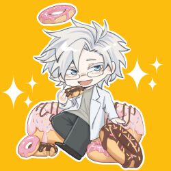 Rule 34 | 1boy, black pants, blue eyes, chibi, chinese commentary, commentary request, doughnut halo, eyelashes, food, food halo, glasses, grey shirt, halo, highres, holding, holding doughnut, holding food, kanou aogu, lab coat, long sleeves, male focus, open mouth, outline, pants, qi xuan (qixuan149), saibou shinkyoku, shirt, short hair, simple background, sitting, smile, solo, sparkle, white hair, white outline, yellow background