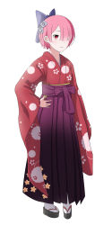 Rule 34 | 1girl, absurdres, closed mouth, fate/stay night, fate (series), floral print, full body, hair over one eye, hand on own hip, highres, japanese clothes, kawakun, kimono, looking at viewer, pink hair, print kimono, purple kimono, ram (re:zero), re:zero kara hajimeru isekai seikatsu, red eyes, red kimono, short hair, simple background, smile, solo, standing, tabi, white background, white legwear