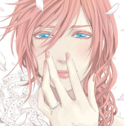 Rule 34 | 10s, 1girl, blue eyes, blush, close-up, colored eyelashes, eyelashes, female focus, final fantasy, final fantasy xiii, fingernails, hand to own mouth, jewelry, lightning farron, lips, lipstick, long hair, looking at viewer, makeup, matenro (oyanirami), nail polish, ornate ring, petals, pink hair, ring, simple background, solo, wedding ring, white background