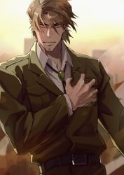 Rule 34 | 1boy, bara, belt, black belt, brown hair, closed mouth, collared shirt, commentary request, facial hair, green eyes, haruakira, highres, holding, jean kirstein, long hair, looking at viewer, male focus, mature male, shingeki no kyojin, shirt, solo, stubble, white shirt