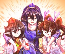 Rule 34 | 3girls, absurdres, arm around neck, arm up, black hair, blue dress, blue headwear, brown hair, cellphone, closed eyes, commentary, dress, flip phone, gem, gradient background, grimace, hair ribbon, hat, highres, himekaidou hatate, iizunamaru megumu, leaf print, multiple girls, orange background, parted lips, phone, pointy ears, pom pom (clothes), puffy short sleeves, puffy sleeves, purple hair, purple headwear, red headwear, ribbon, shameimaru aya, short sleeves, shoulder guard, smile, standing, sunnysideup, sweat, tokin hat, touhou, triangle mouth, two-tone shirt, two side up