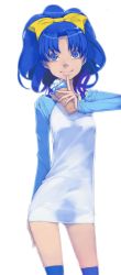Rule 34 | 10s, 1girl, akinbo (hyouka fuyou), arm behind back, blue eyes, blue hair, blue legwear, blue sleeves, bow, contrapposto, food, hair bow, high ponytail, highres, holding, ice cream, index finger raised, kirakira precure a la mode, long hair, long sleeves, looking at viewer, precure, shirt, smile, solo, standing, tategami aoi, white background, white shirt, yellow bow