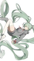 Rule 34 | 1girl, absurdres, green eyes, green hair, grey hoodie, hatsune miku, highres, hood, hoodie, pili 0, solo, thighhighs, twintails, vocaloid, white background, white thighhighs