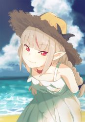 Rule 34 | 1girl, arms behind back, bare shoulders, braid, cloud, collar, commentary request, dress, fang, grey hair, hair ribbon, hat, kazufumi (kaz-newt), leaning forward, long hair, looking at viewer, makaino ririmu, multicolored hair, nijisanji, outdoors, pointy ears, red collar, red eyes, red hair, ribbon, sidelocks, sky, sleeveless, sleeveless dress, smile, solo, straw hat, streaked hair, twin braids, upper body, virtual youtuber, water, white dress